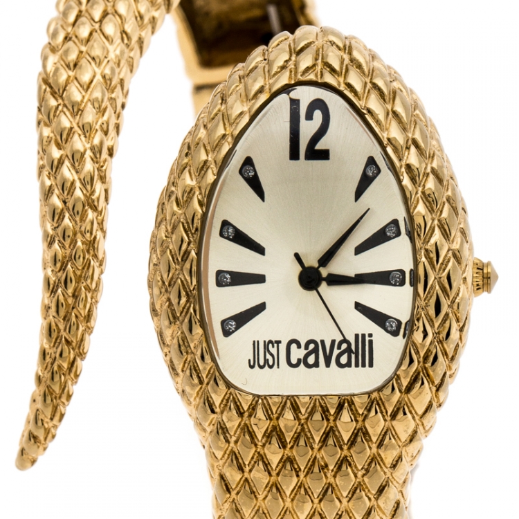 Pre Owned Just Cavalli Champagne Gold Plated Stainless Steel Serpent Bracelet Poison Women's Wristwatch 27 mm