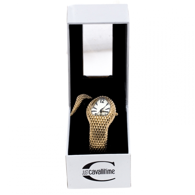 Pre Owned Just Cavalli Champagne Gold Plated Stainless Steel Serpent Bracelet Poison Women's Wristwatch 27 mm
