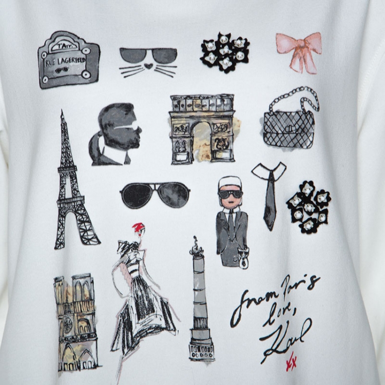 Pre Owned Karl Lagerfeld White Paris Sketch Cotton Embellished Sweatshirt M