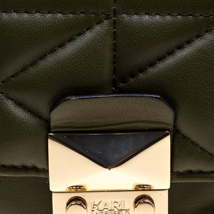 Pre Owned Karl Lagerfeld Olive Green Leather Mini K/Kuilted Crossbody Bag