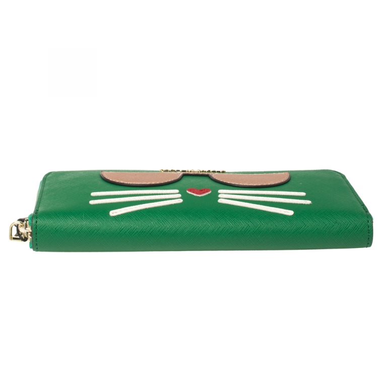Pre Owned Karl Lagerfeld Green Leather Choupette Zip Around Wallet
