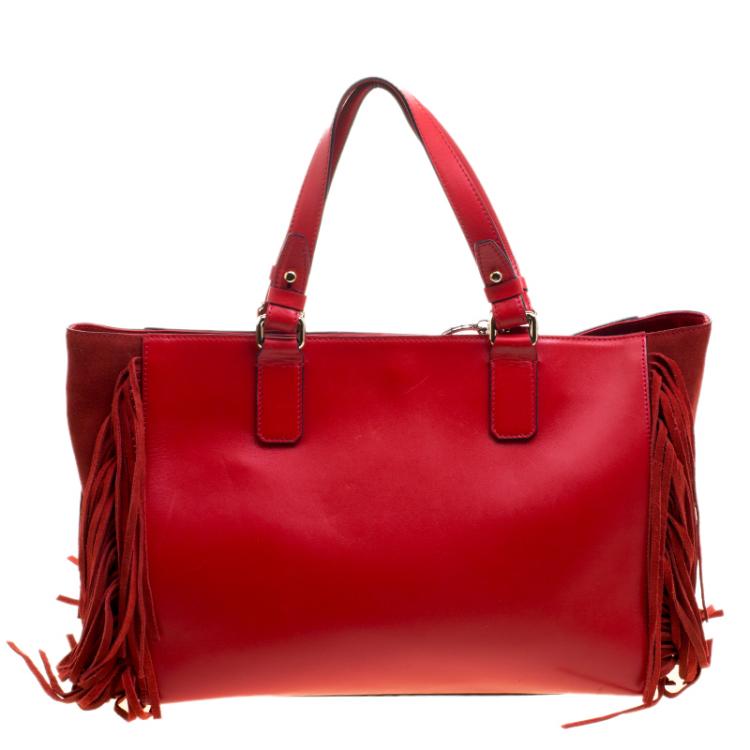 Pre Owned Karl Lagerfeld Red Leather Fringe Shopper Tote