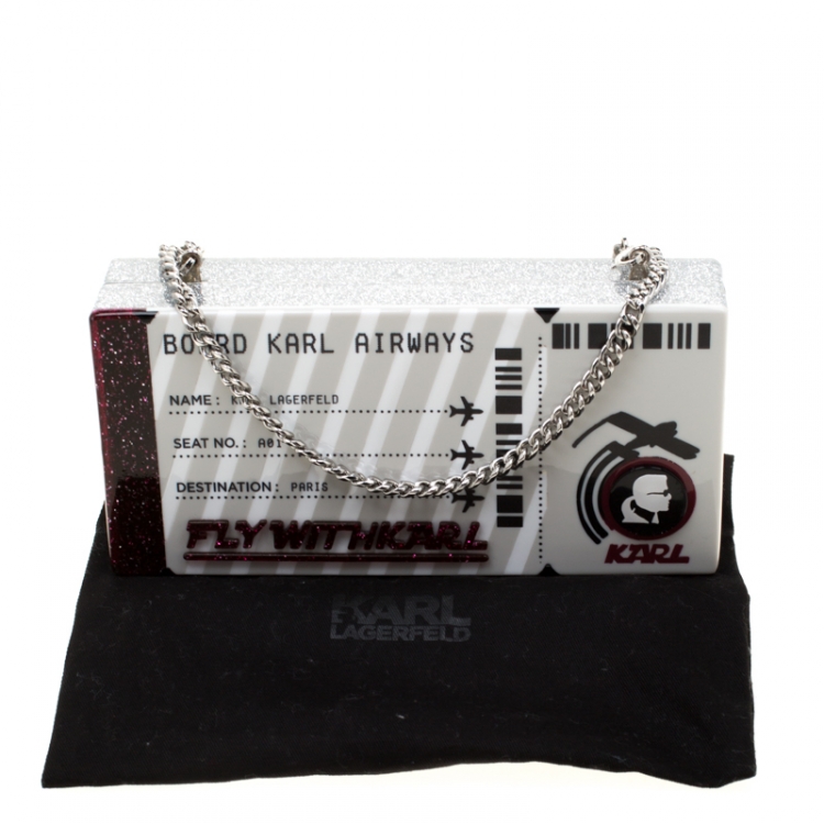 Pre Owned Karl Lagerfeld Silver Glitter Acrylic Jet Boarding Pass Minaudere Clutch