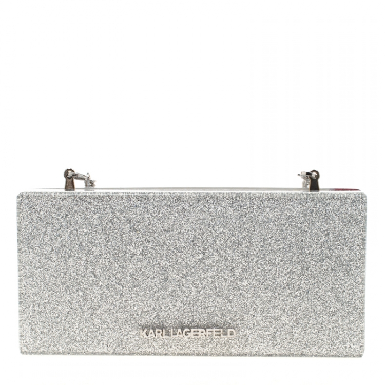 Pre Owned Karl Lagerfeld Silver Glitter Acrylic Jet Boarding Pass Minaudere Clutch