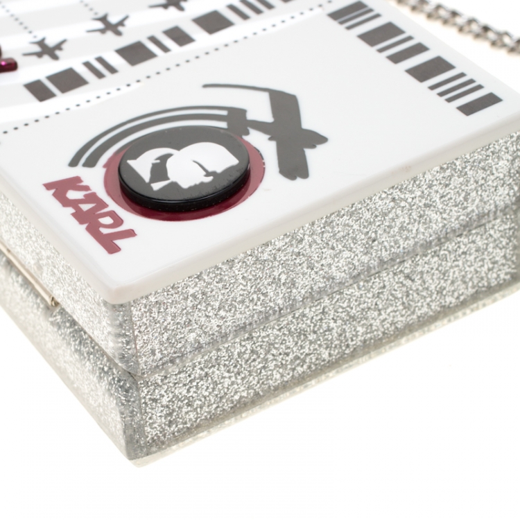 Pre Owned Karl Lagerfeld Silver Glitter Acrylic Jet Boarding Pass Minaudere Clutch