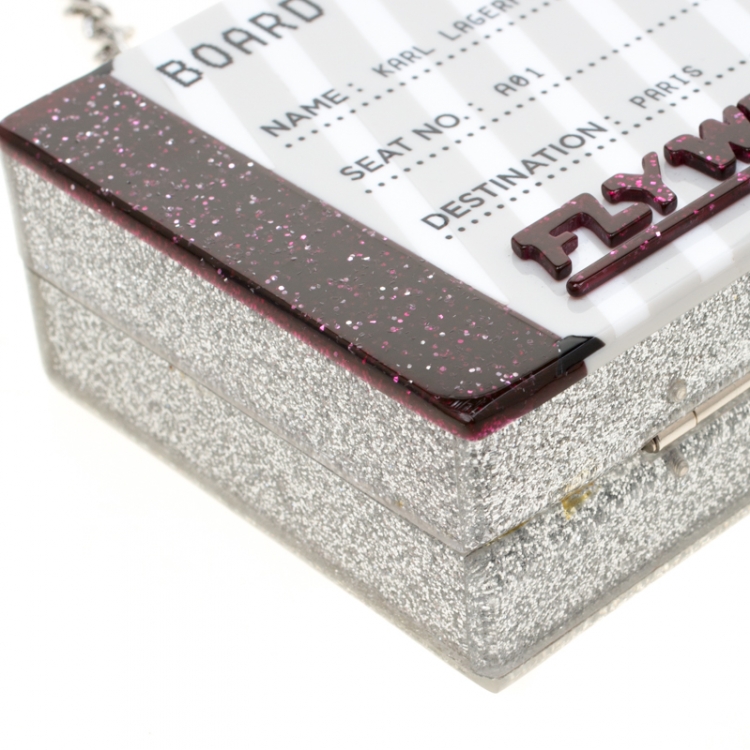Pre Owned Karl Lagerfeld Silver Glitter Acrylic Jet Boarding Pass Minaudere Clutch