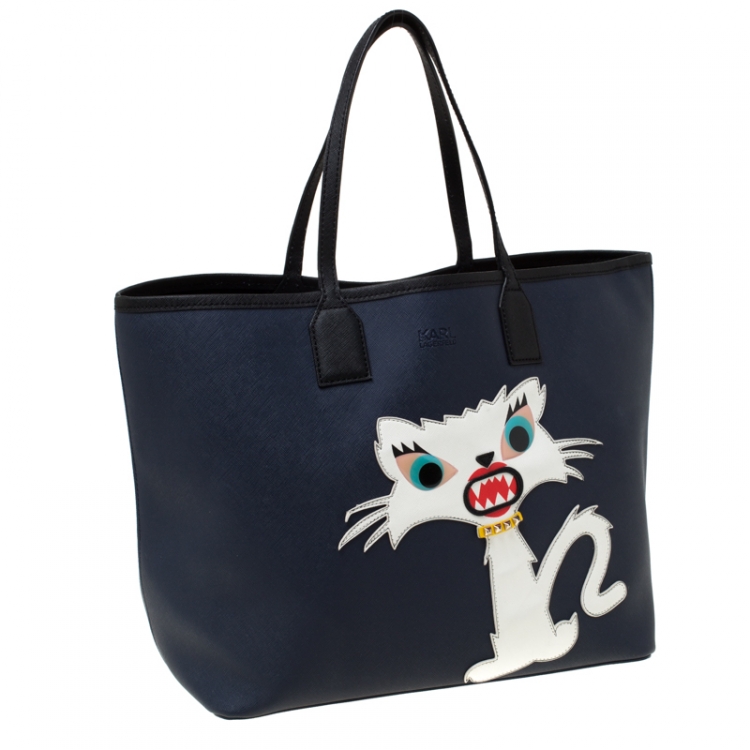 Pre Owned Karl Lagerfeld Navy Blue Leather Monster Choupette Shopper Tote