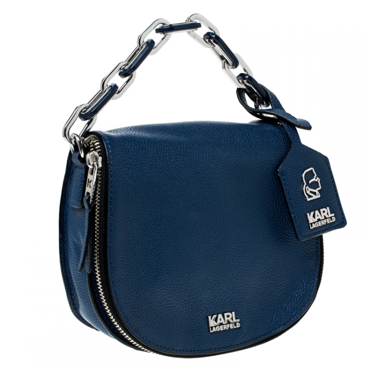 Pre Owned Karl Lagerfeld Blue Leather Small K Crossbody Bag