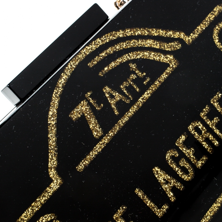 Pre Owned Karl Lagerfeld Black/Gold Acrylic Rue Lagerfeld Chain Box Clutch