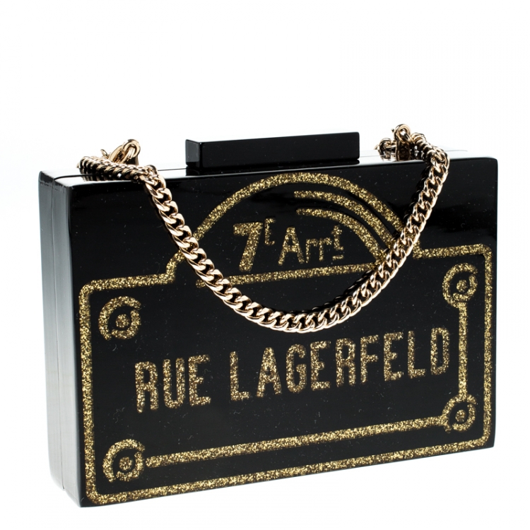 Pre Owned Karl Lagerfeld Black/Gold Acrylic Rue Lagerfeld Chain Box Clutch
