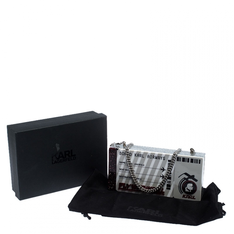 Pre Owned Karl Lagerfeld Silver Glitter Acrylic Jet Boarding Pass Minaudere Clutch