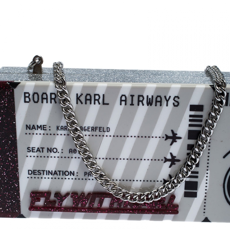 Pre Owned Karl Lagerfeld Silver Glitter Acrylic Jet Boarding Pass Minaudere Clutch
