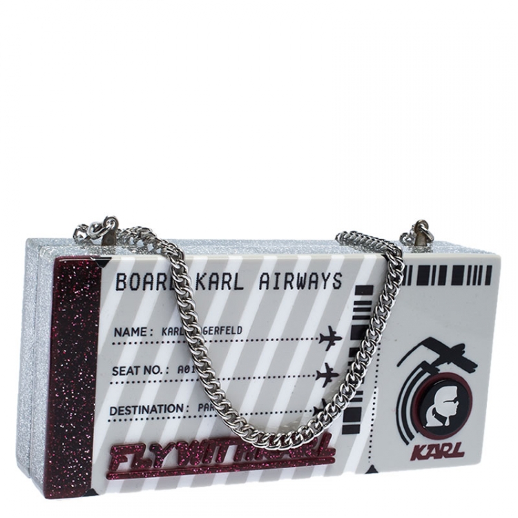 Pre Owned Karl Lagerfeld Silver Glitter Acrylic Jet Boarding Pass Minaudere Clutch