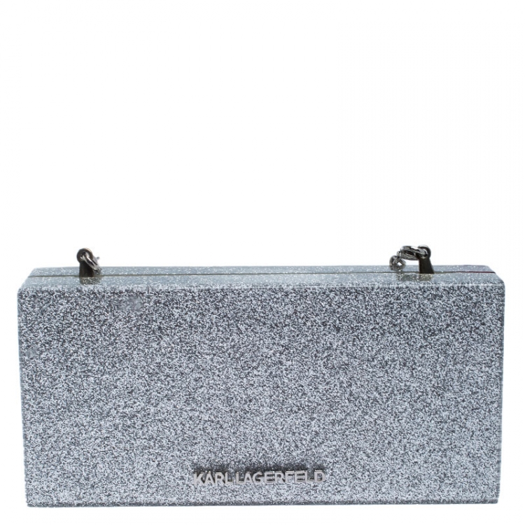 Pre Owned Karl Lagerfeld Silver Glitter Acrylic Jet Boarding Pass Minaudere Clutch