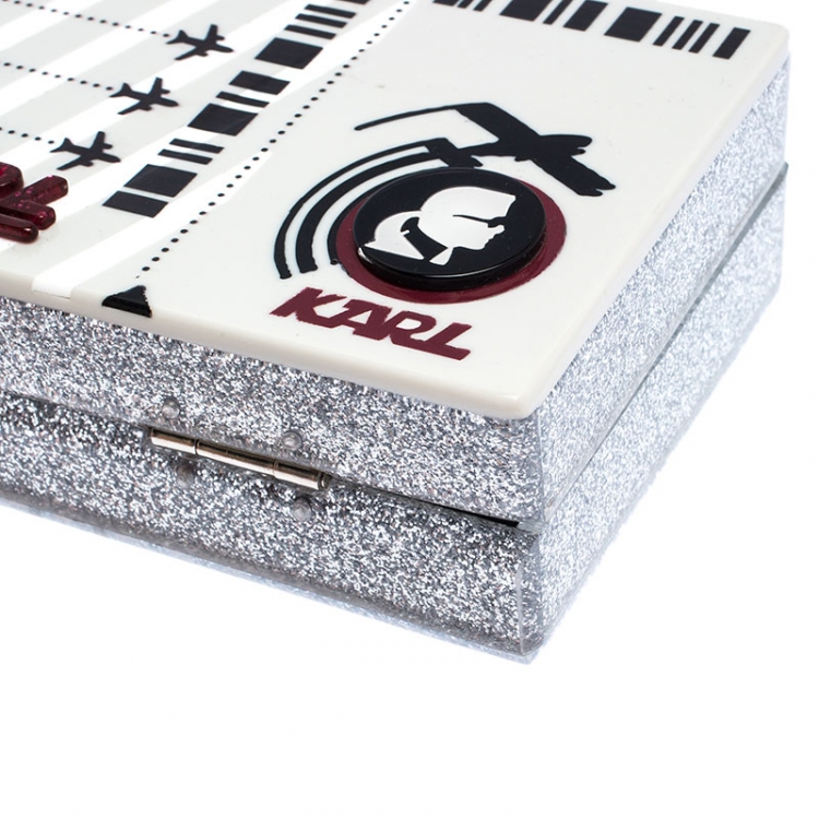 Pre Owned Karl Lagerfeld Silver Glitter Acrylic Jet Boarding Pass Minaudere Clutch