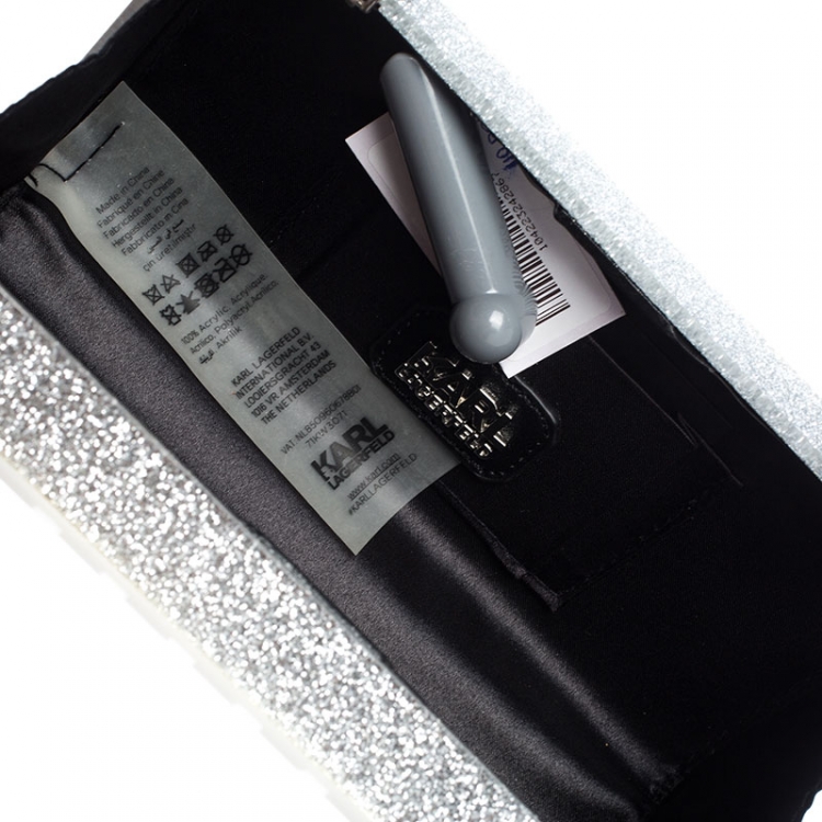 Pre Owned Karl Lagerfeld Silver Glitter Acrylic Jet Boarding Pass Minaudere Clutch