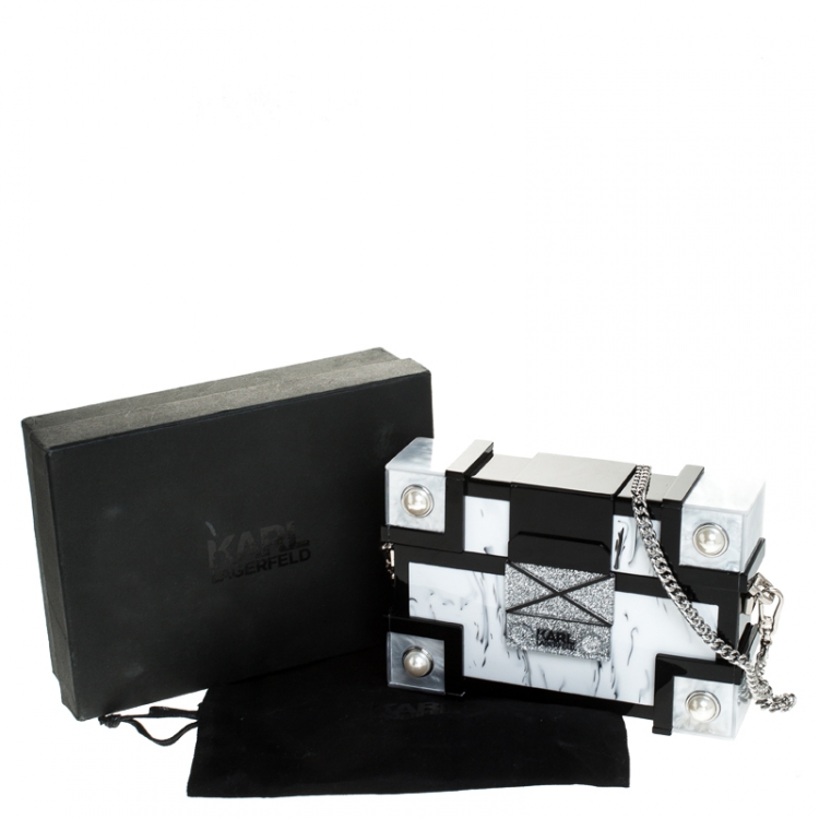 Pre Owned Karl Lagerfeld Black/White Treasure Box Chain Clutch