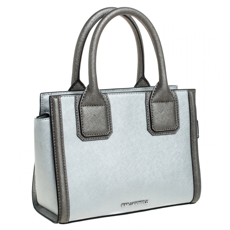 Pre Owned Karl Lagerfeld Metallic Silver Leather Mini K Klassik Tote