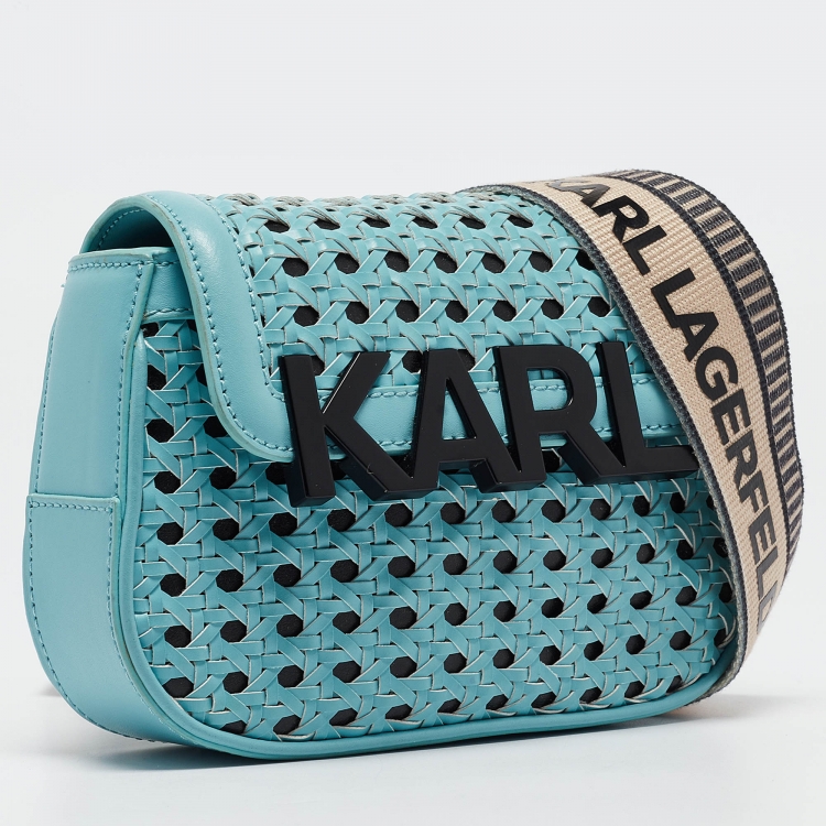 Pre Owned Karl Lagerfeld Blue Woven Leather K/Letters Crossbody Bag 