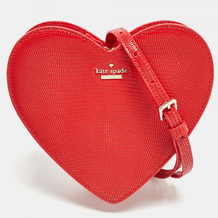 Pre Owned Kate Spade Red Lizard Embossed Leather New York Heart Crossbody Bag