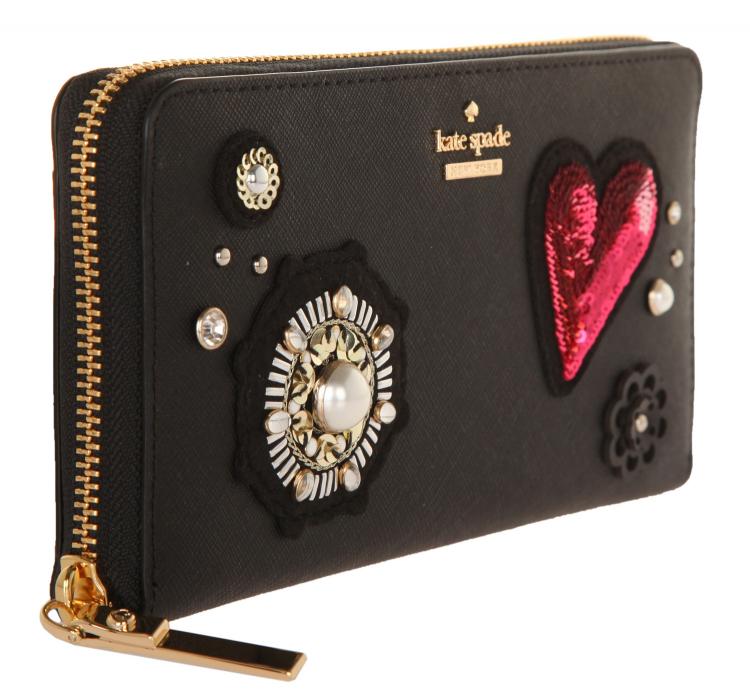 Pre Owned Kate Spade Black Leather Finer Things embellished Lacey Zip Around Wallet