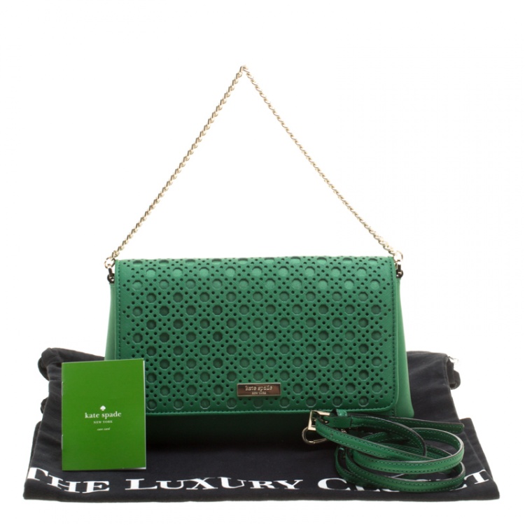 Pre Owned Kate Spade Green Leather Newbury Lane Laser Cut Flap Shoulder Bag