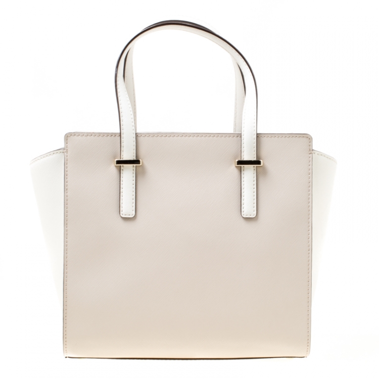 Pre Owned Kate Spade Beige/White Leather Small Cedar Street Hayden Top Handle Bag