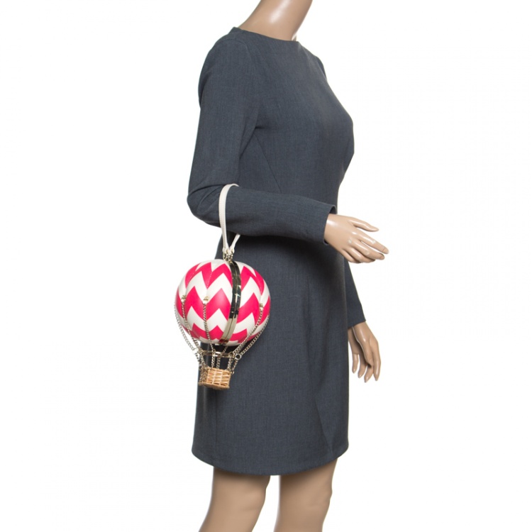 Pre Owned Kate Spade White/Fuchsia Leather Flights of Fancy Balloon Clutch