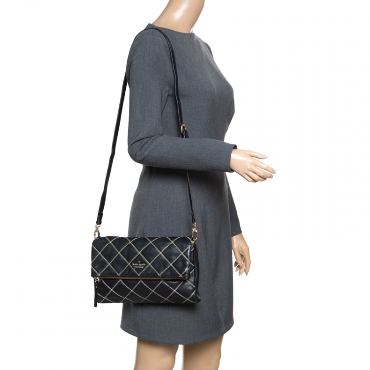 Pre Owned Kate Spade Black Leather W Contrast Stitch Shoulder Bag