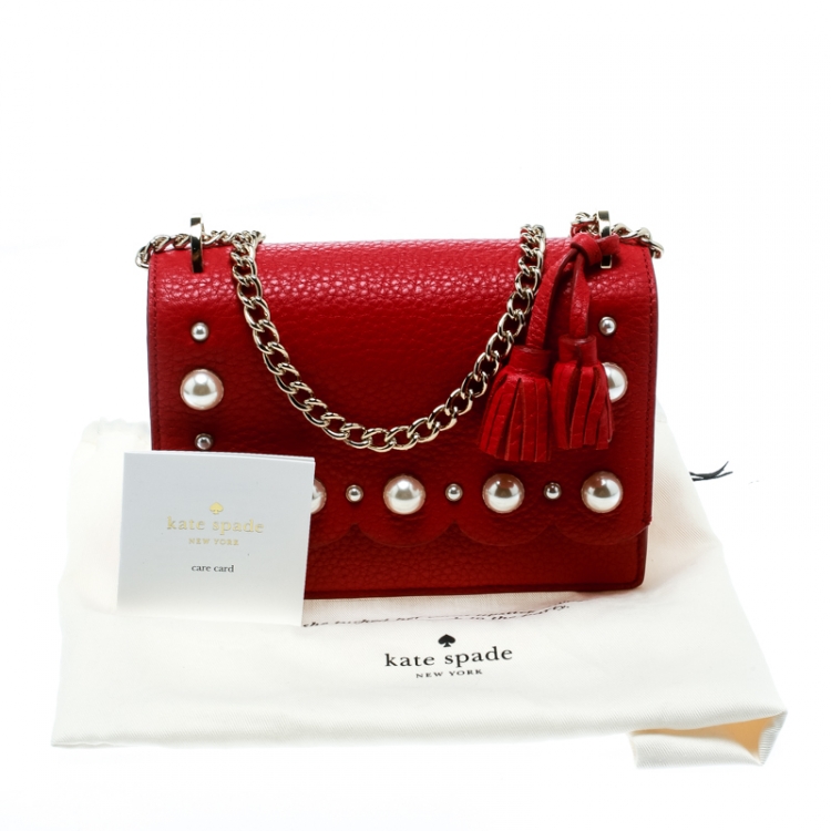 Pre Owned Kate Spade Red Leather Hayes Street Hayzel Pearl Shoulder Bag