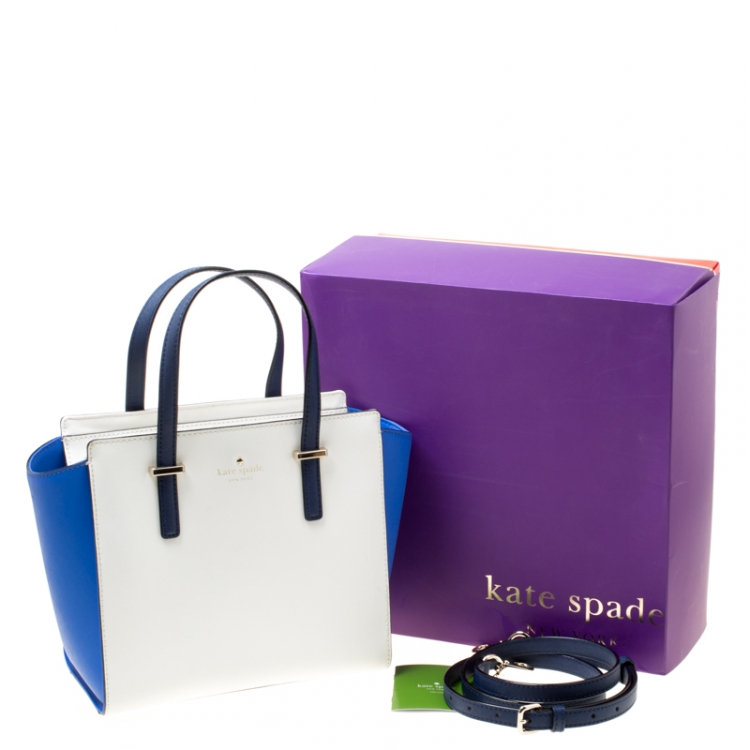Pre Owned Kate Spade White/Blue Leather Small Cedar Street Hayden Top Handle Bag