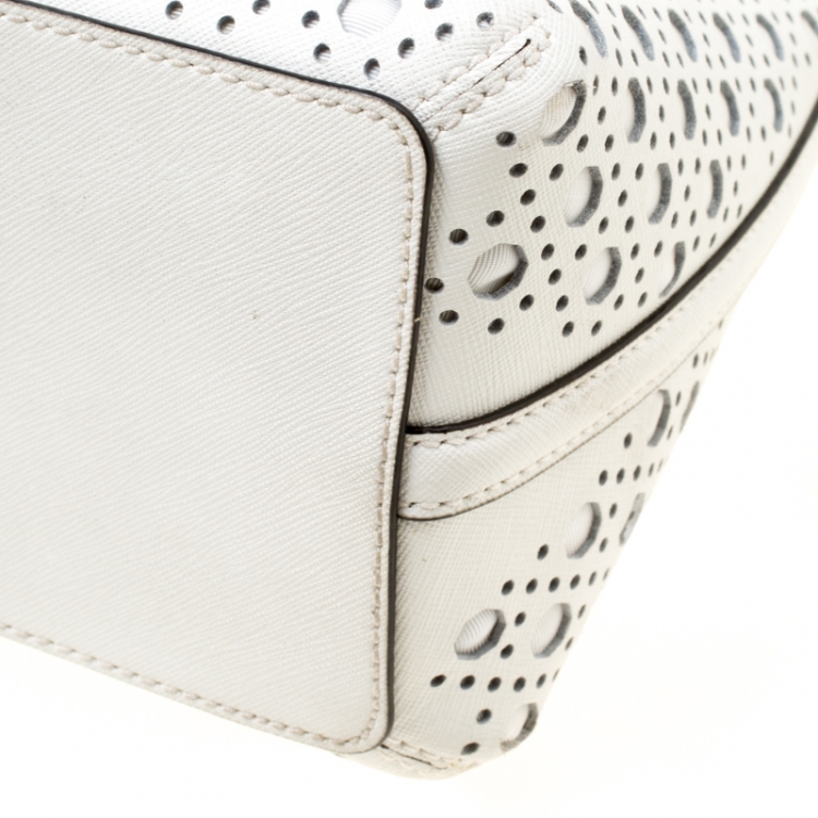 Pre Owned Kate Spade White Perforated Leather Newbury Lane Top Handle Bag