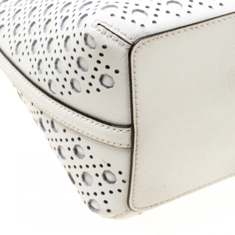 Pre Owned Kate Spade White Perforated Leather Newbury Lane Top Handle Bag