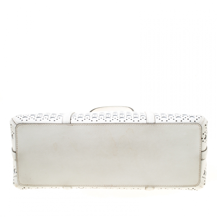 Pre Owned Kate Spade White Perforated Leather Newbury Lane Top Handle Bag
