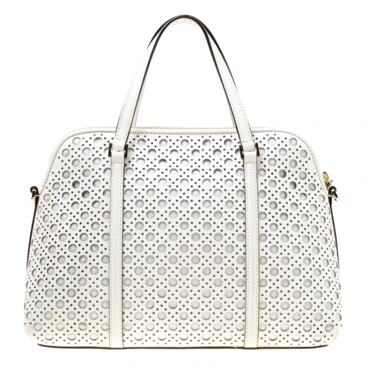 Pre Owned Kate Spade White Perforated Leather Newbury Lane Top Handle Bag