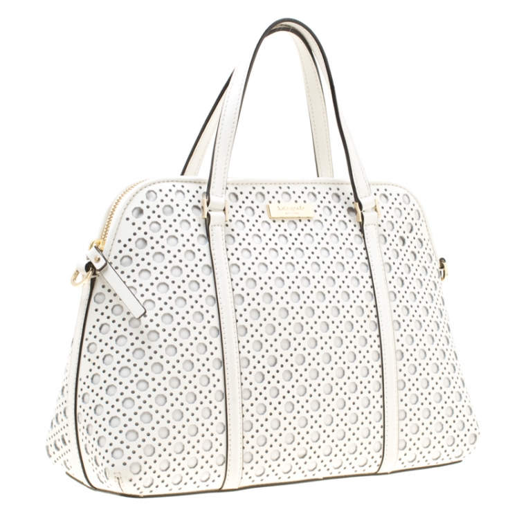 Pre Owned Kate Spade White Perforated Leather Newbury Lane Top Handle Bag