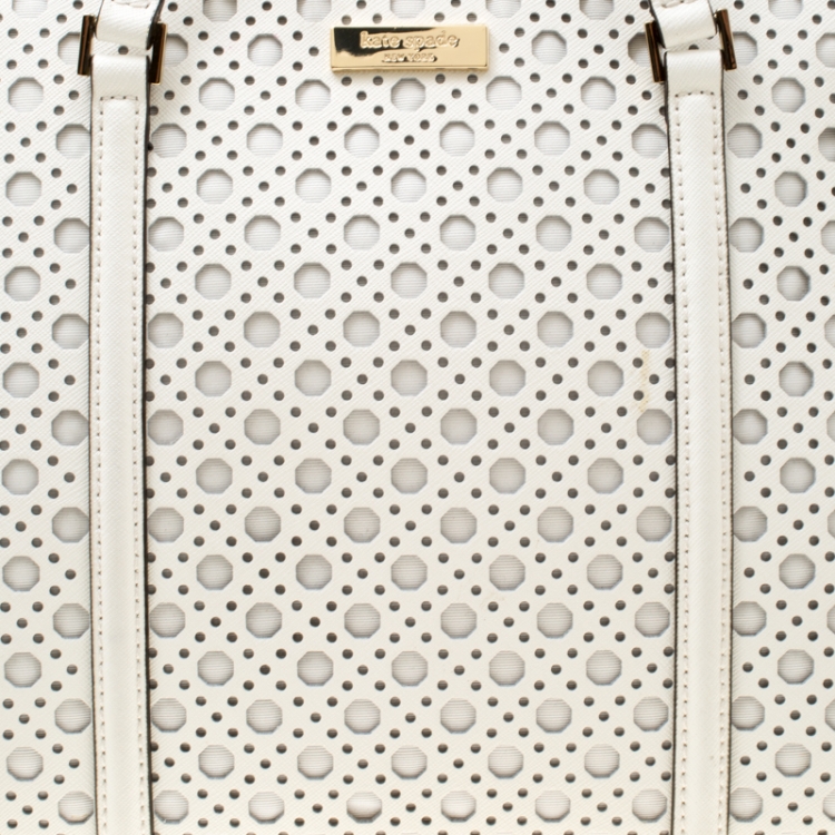Pre Owned Kate Spade White Perforated Leather Newbury Lane Top Handle Bag