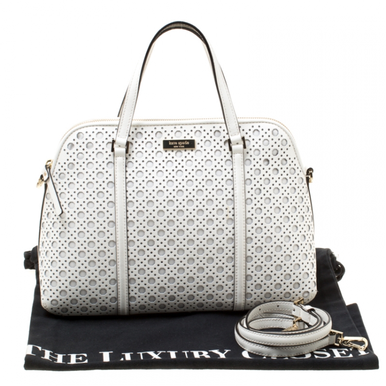 Pre Owned Kate Spade White Perforated Leather Newbury Lane Top Handle Bag