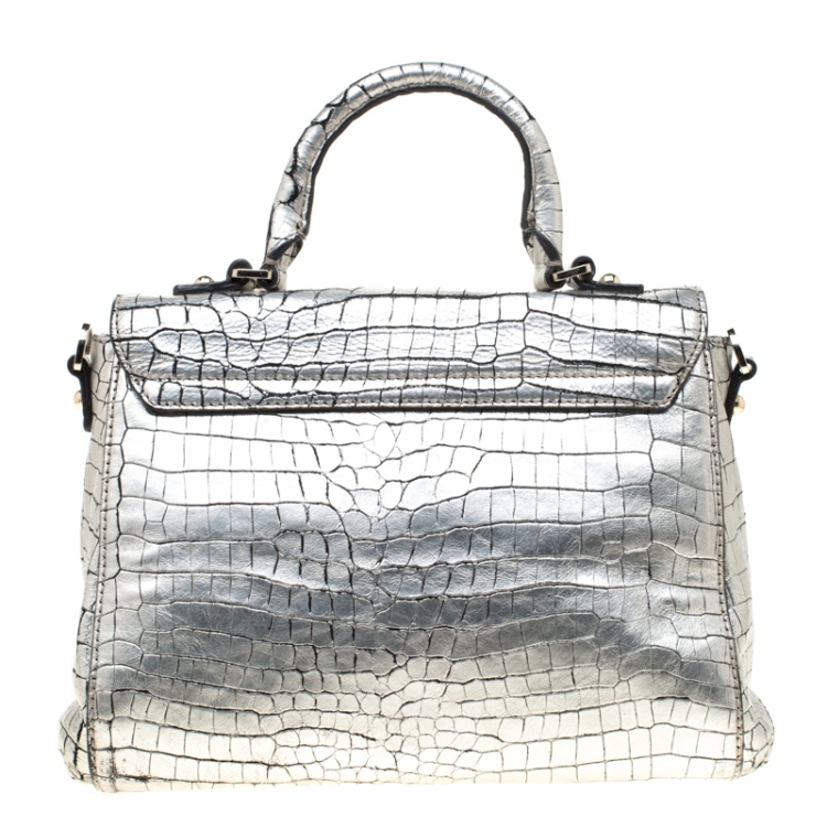 Pre Owned Kate Spade Silver Croc Embossed Leather Top Handle Bag
