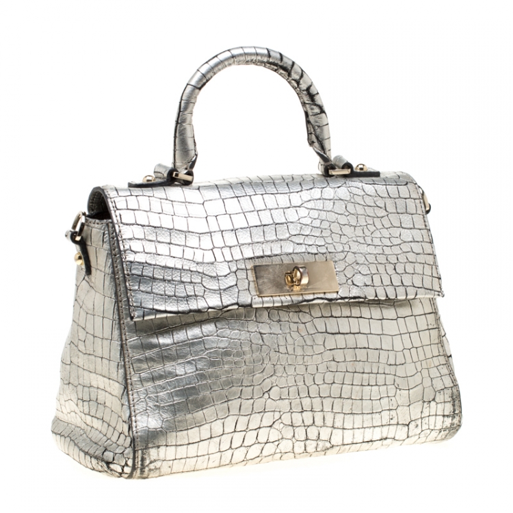 Pre Owned Kate Spade Silver Croc Embossed Leather Top Handle Bag