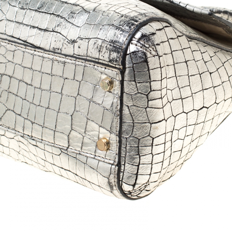 Pre Owned Kate Spade Silver Croc Embossed Leather Top Handle Bag