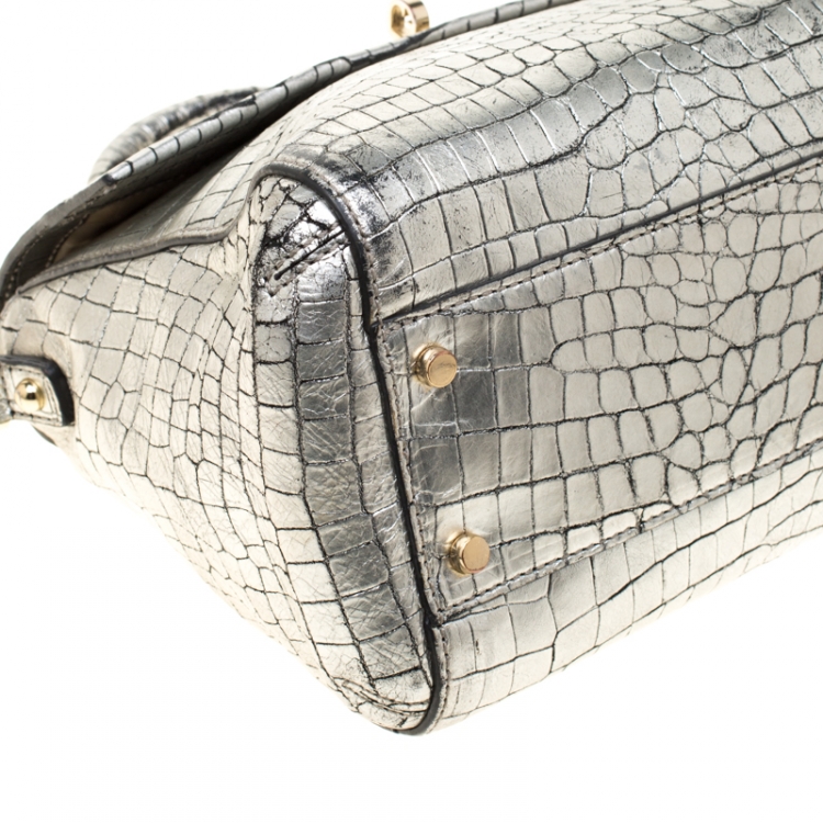Pre Owned Kate Spade Silver Croc Embossed Leather Top Handle Bag