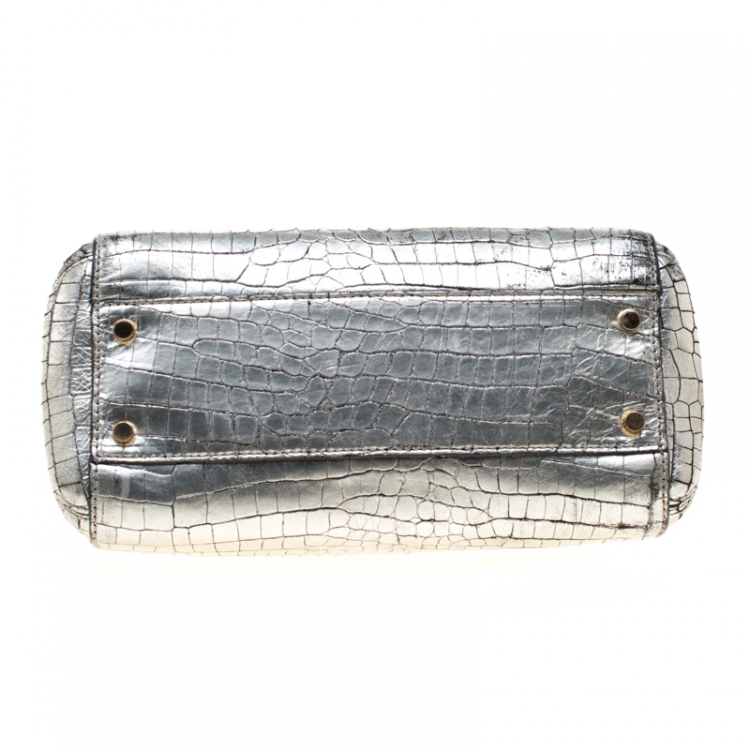 Pre Owned Kate Spade Silver Croc Embossed Leather Top Handle Bag