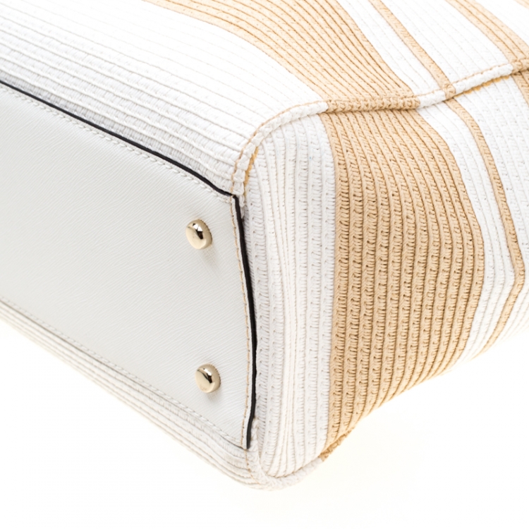 Pre Owned Kate Spade White/Brown Striped Straw Clet Street Blair Tote