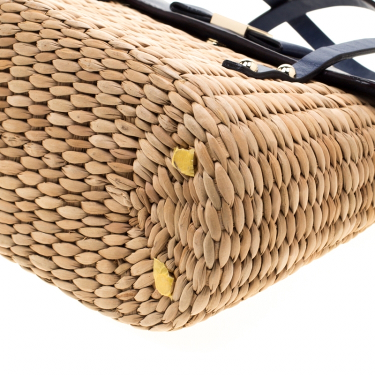 مملوكة مسبقًا Kate Spade Blue/Beige Straw and Leather New York Luisa Tote