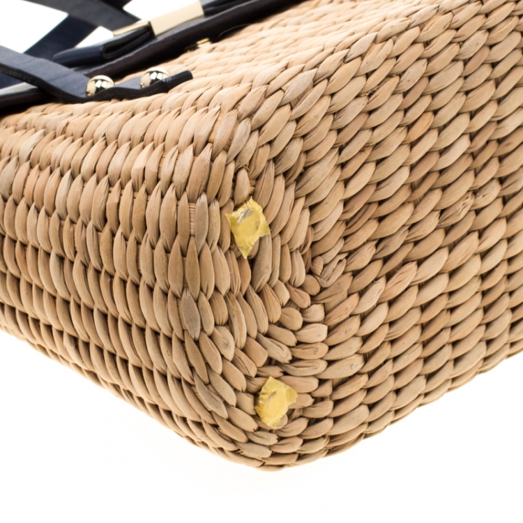 مملوكة مسبقًا Kate Spade Blue/Beige Straw and Leather New York Luisa Tote