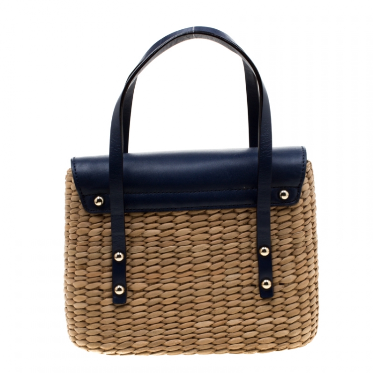 مملوكة مسبقًا Kate Spade Blue/Beige Straw and Leather New York Luisa Tote