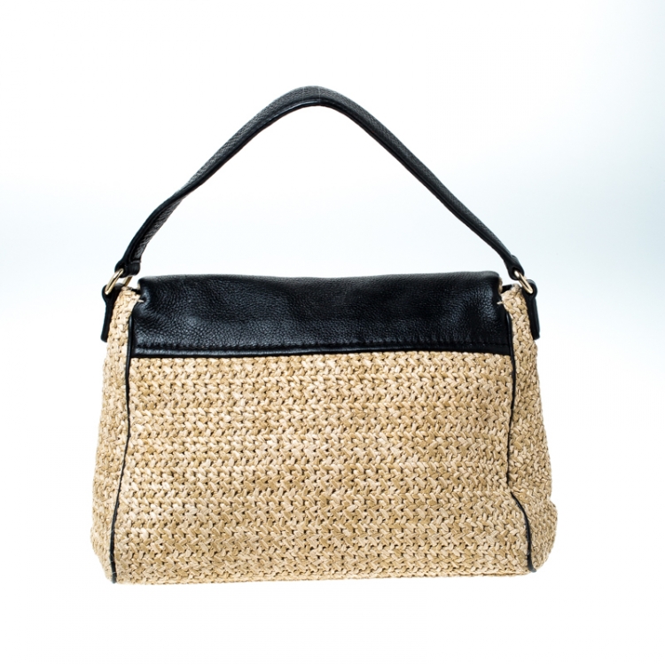 مملوكة مسبقًا Kate Spade Beige/Black Woven Raffia and Leather Little Minka Shoulder Bag
