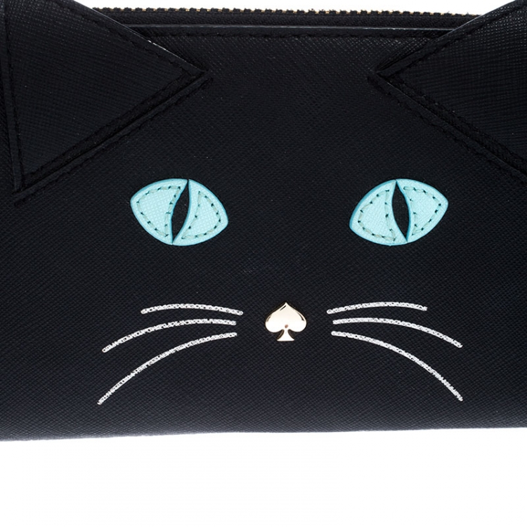 Pre Owned Kate Spade Black Leather Cat Jazz Zip Around Wallet