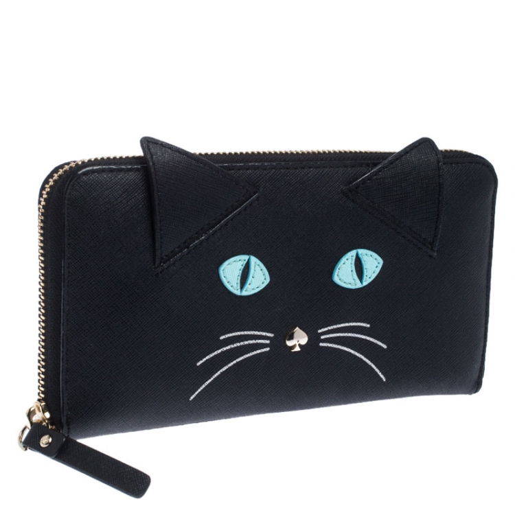 Pre Owned Kate Spade Black Leather Cat Jazz Zip Around Wallet